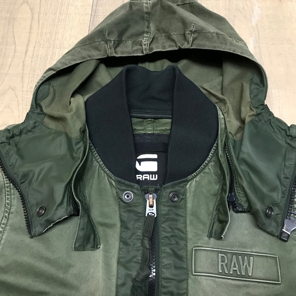 G Star Raw Bomber Jacket Mens Size S Green Submarine HDD Military Hooded Patches - Picture 6 of 16